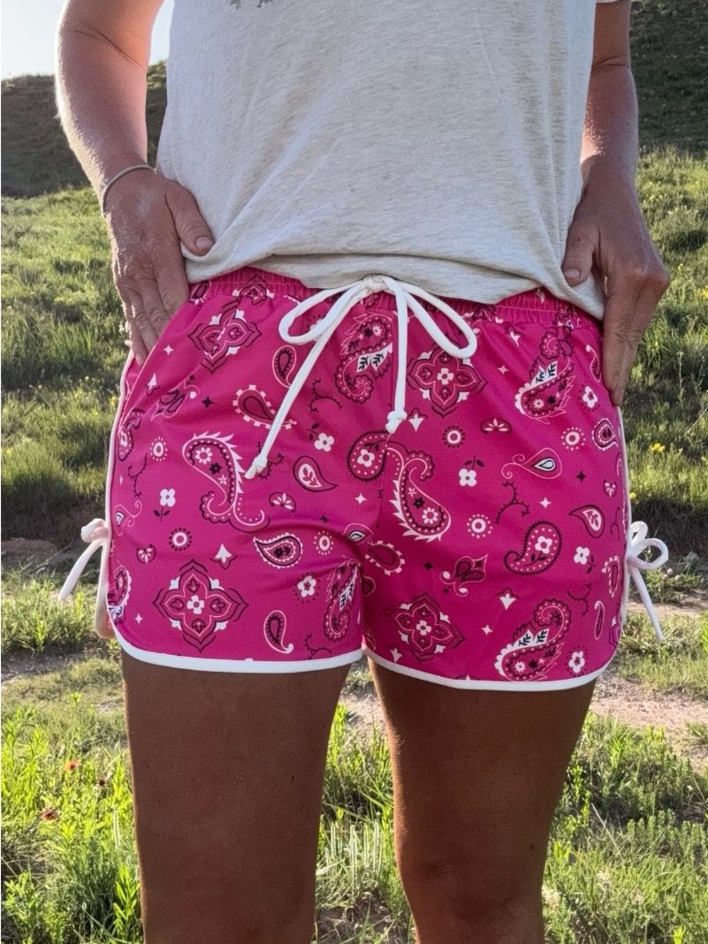 Women's Fuchsia Paisley Athletic Shorts with Drawstring